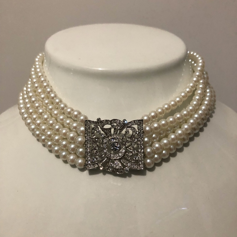 Vintage KJL Avon Ivory Multi-Strand Pearl Choker Rhinestone Filigree Clasp